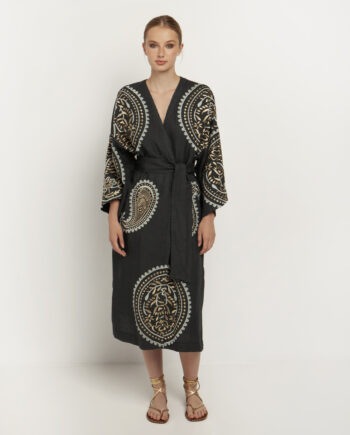 KORI DANAI KIMONO DRESS IN CHARCOAL AND GOLD
