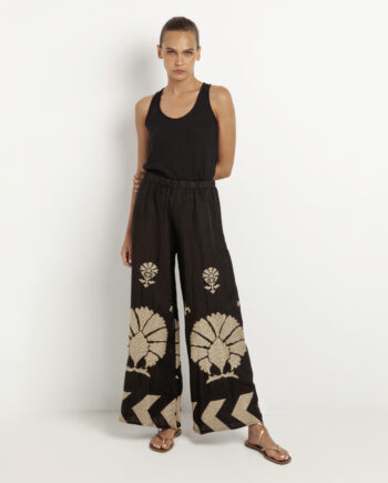 KORI THALIA LINEN CHARCOAL TROUSERS WITH GOLD EMBROIDERY