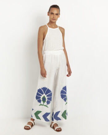 KORI THALIA LINEN WHITE TROUSERS WITH GREEN AND BLUE EMBROIDERY